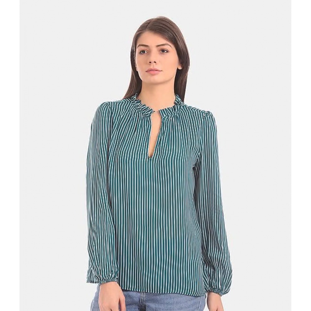 GAP Womens Green White Vertical Striped Ruffle Neck Long Sleeve Blouse Size L
